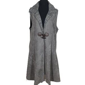 GREY ULTRA SUEDE  PLAID FLANNEL COLLAR WITH FAUX LEATHER TOGGLE CLOSING DUSTER
